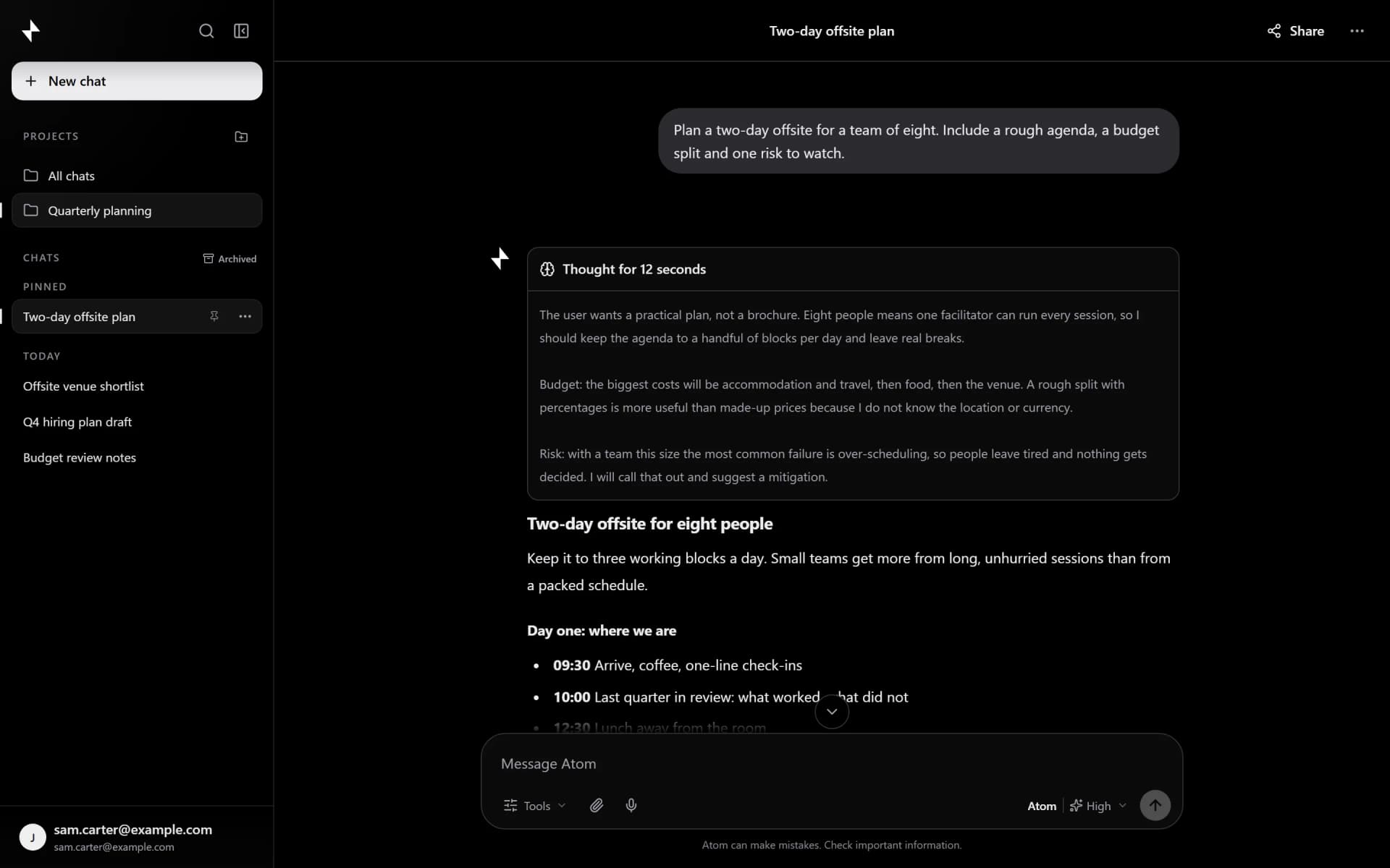 Incbury Chat showing Atom reasoning in High mode before answering a planning question