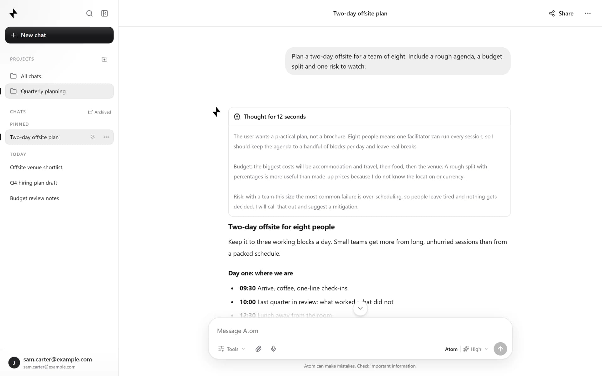 Incbury Chat showing Atom reasoning in High mode before answering a planning question