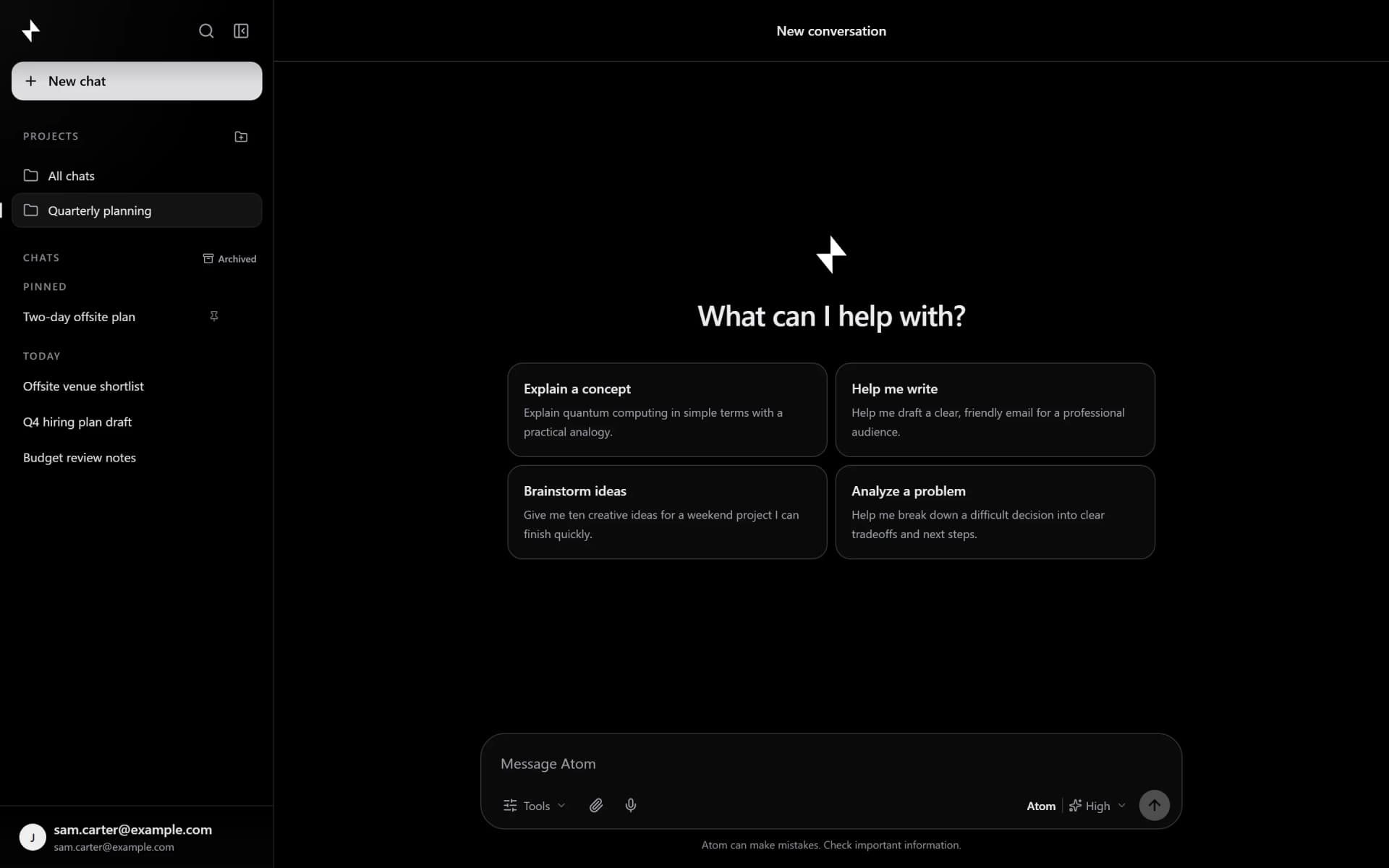 The Incbury sidebar with a project containing several pinned conversations