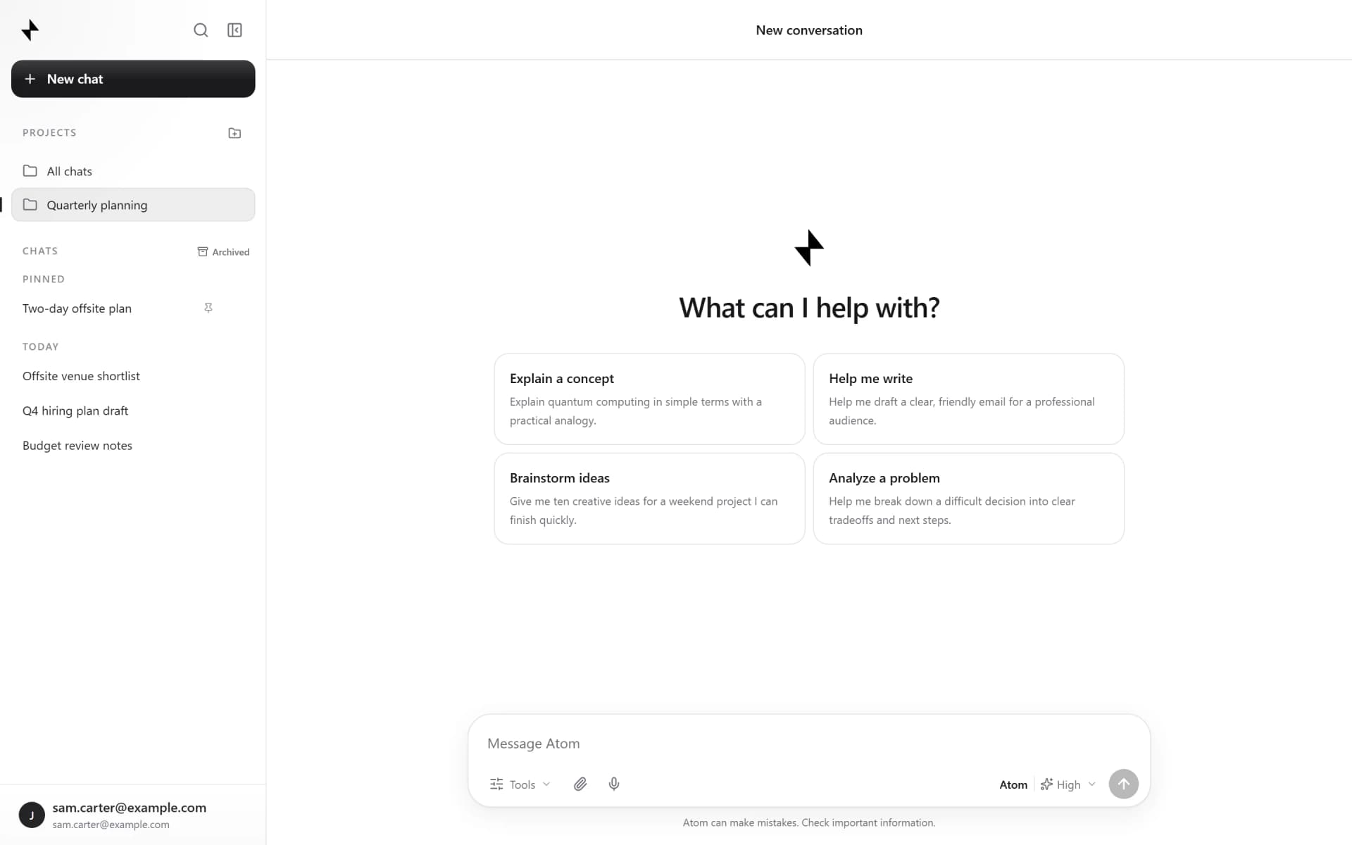 The Incbury sidebar with a project containing several pinned conversations