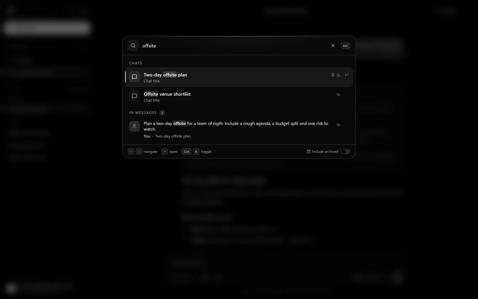 The Incbury search modal finding a message across every conversation