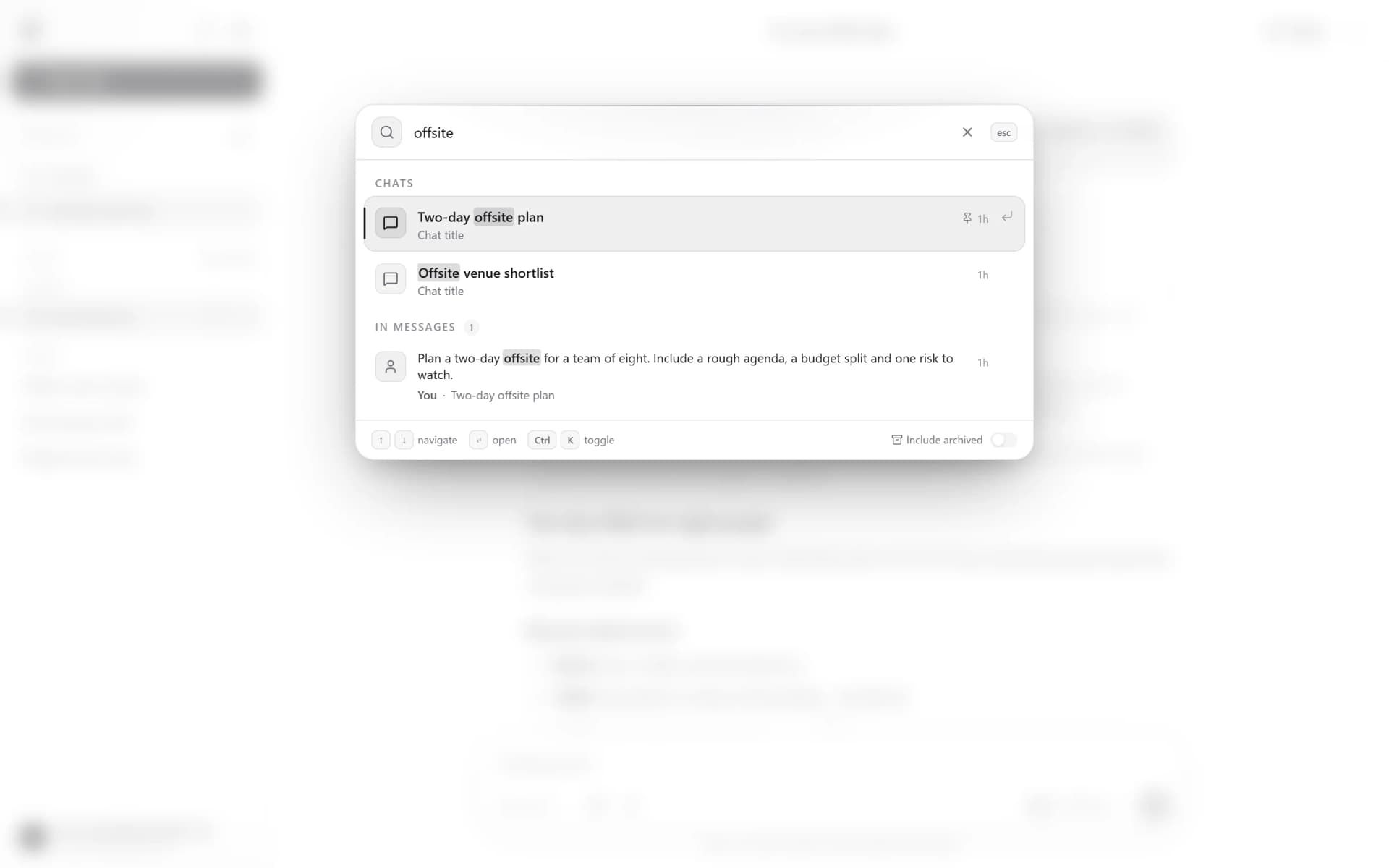 The Incbury search modal finding a message across every conversation