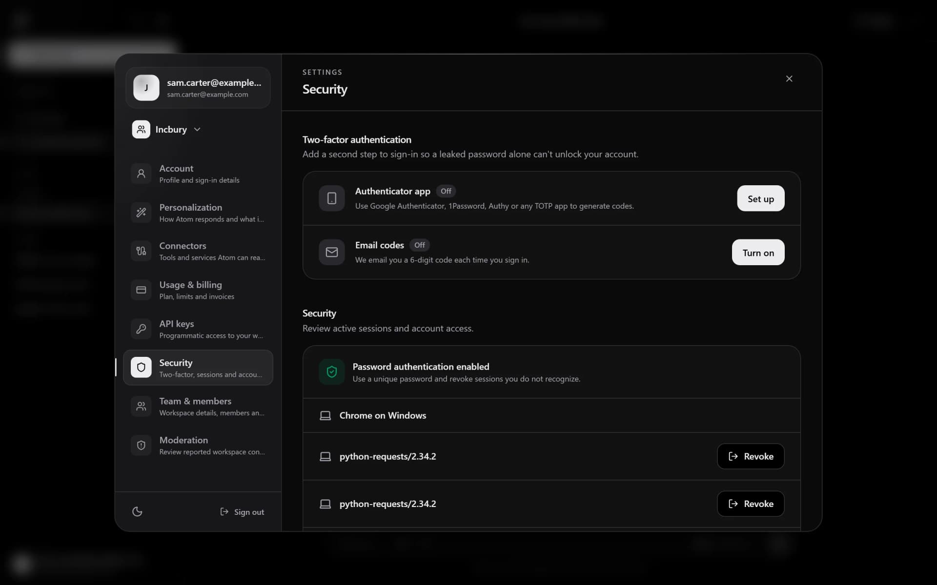 The Incbury settings modal with the security tab open