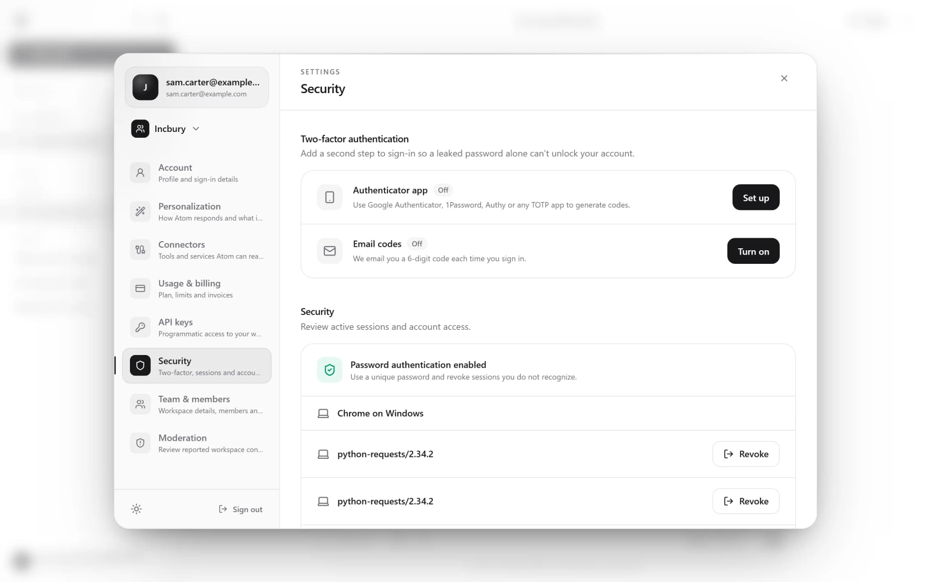 The Incbury settings modal with the security tab open